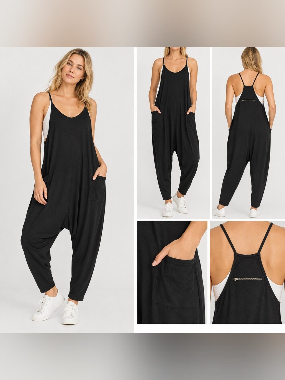 Automet Black Harem Jumpsuit Romper Overalls Strappy Pocket Boho Size L